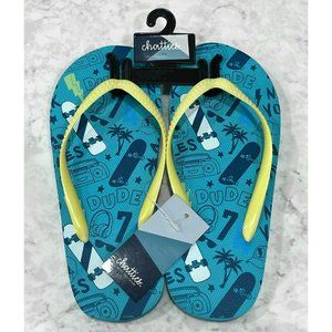 Boys Teal & Yellow Cool Dude Chatties Flip Flops Size 2/3